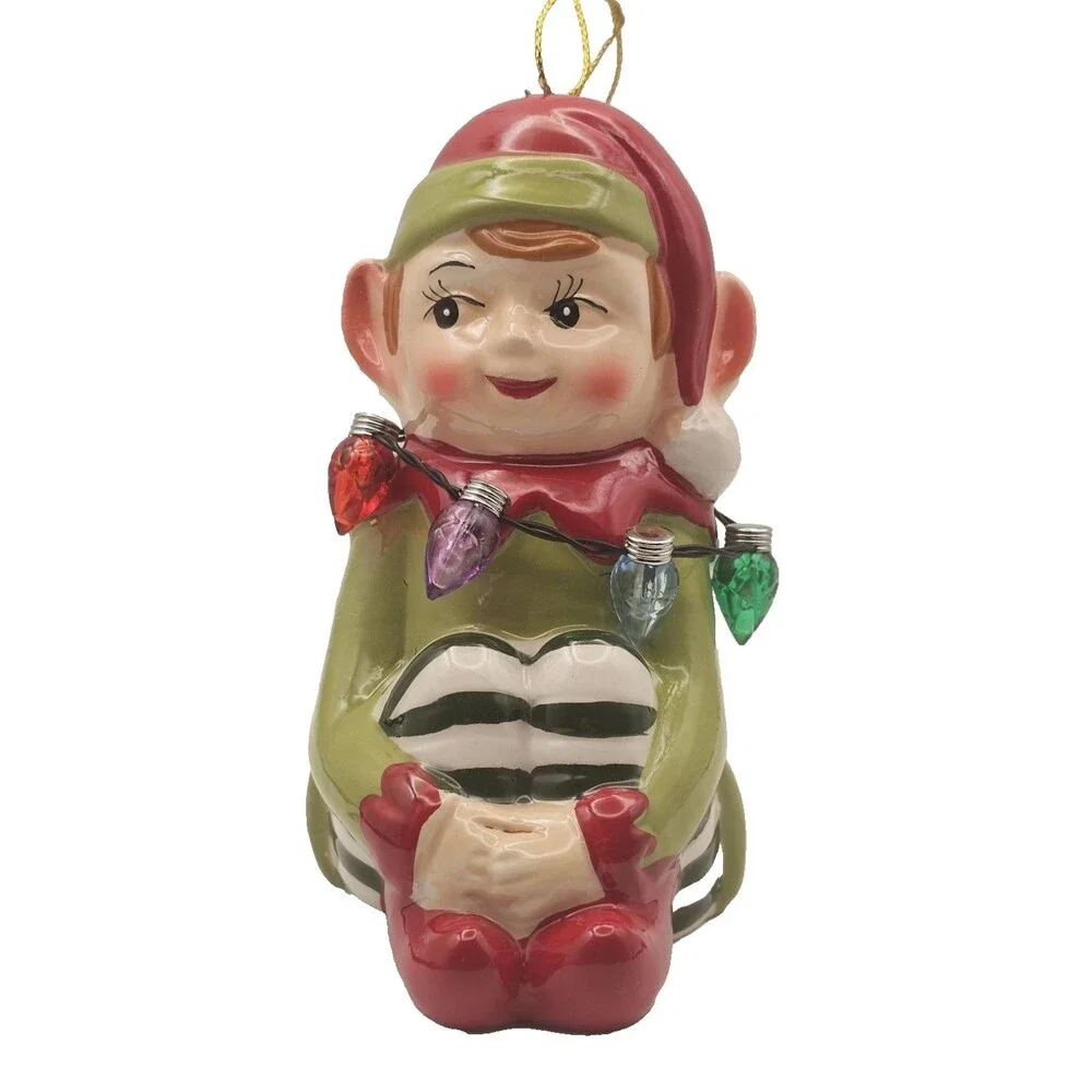Mr. Christmas Ceramic Knee Hugger Elf Necklace Of Christmas Lights That Work!